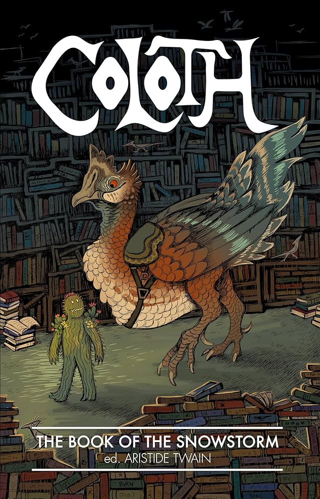 A cactus leads a giant bird through an infinite library on the cover of the anthology 'The Book of the Snowstorm', edited by Aristide Twain.